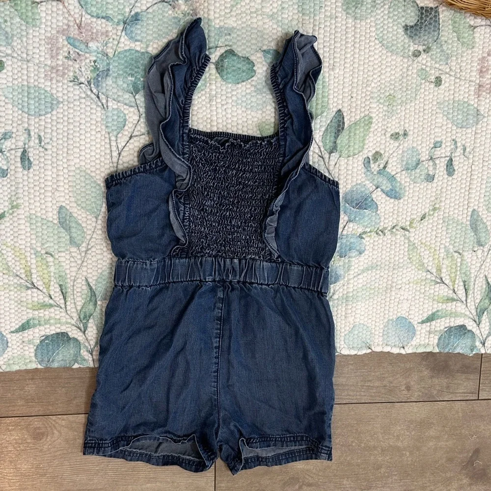 Vintage OshKosh B'gosh Toddler Girl Blue Denim Sleeveless Ruffle Smocked Romper